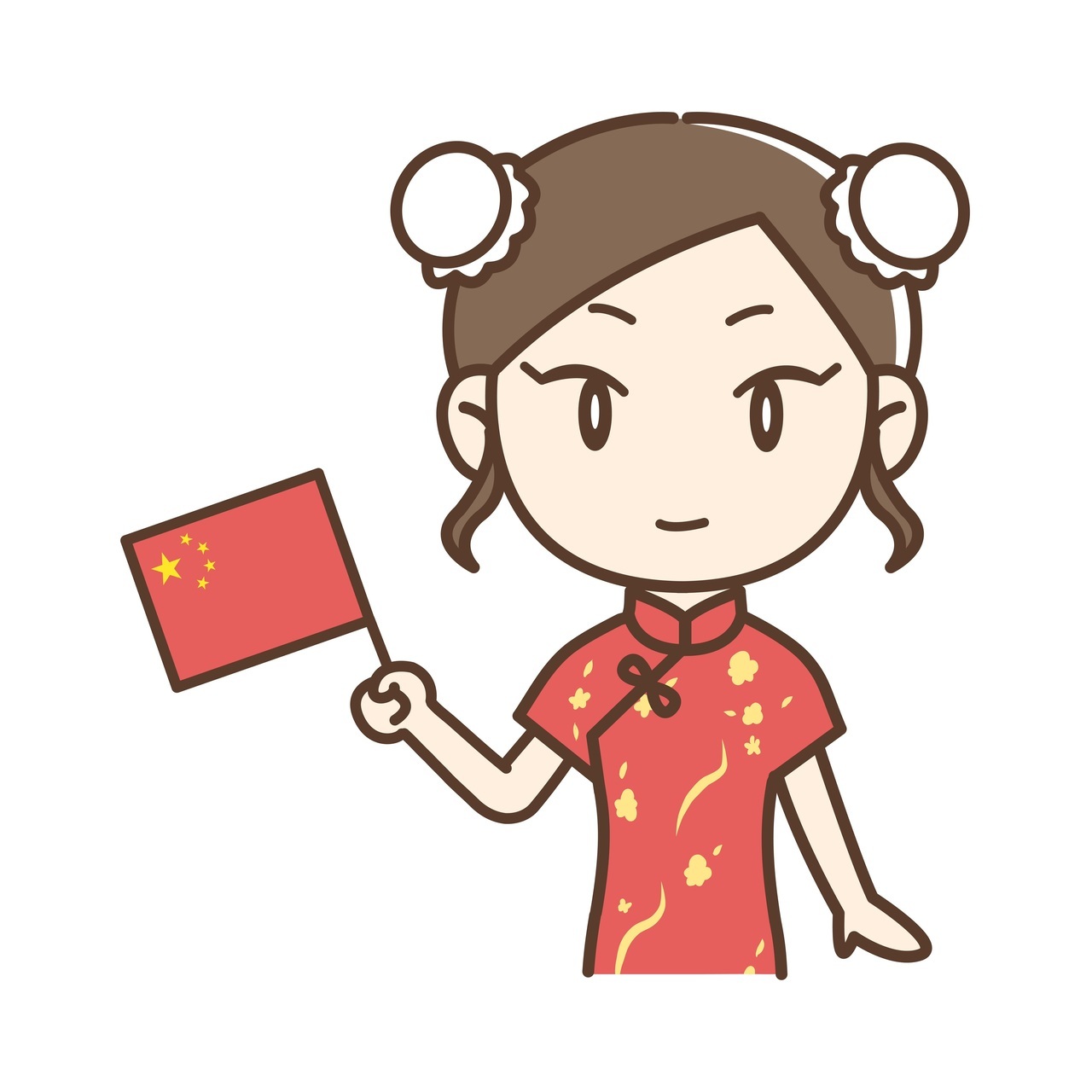 中国国旗を持ったチャイナドレスの女性イラスト